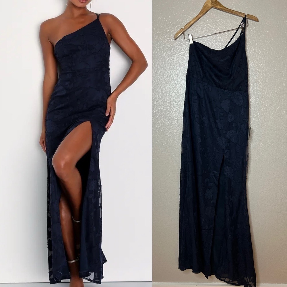 Perfection Navy Blue Burnout Floral One-Shoulder Dress NWT Large